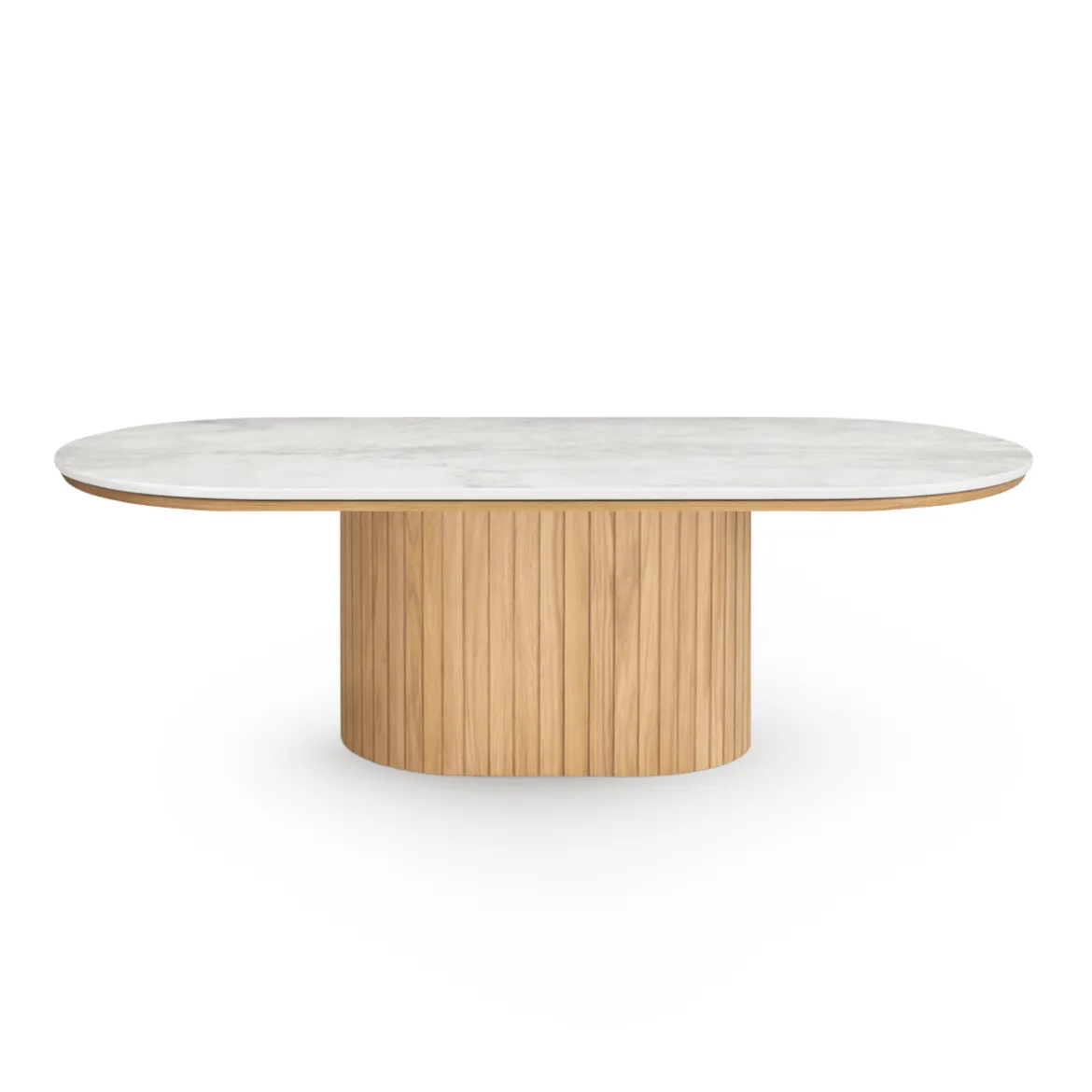 Bobby - Oval sofabord med lys beige stenbordplade og fod i eg 120x55x45 cm