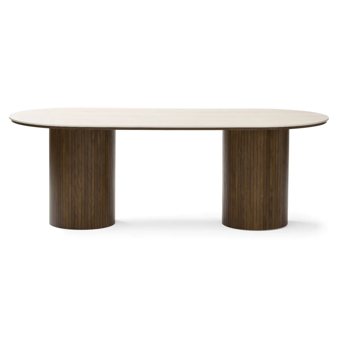 Enzo ovalt spisebord med stenbordplade i beige og lamelfod i røget eg 220x100x76 cm