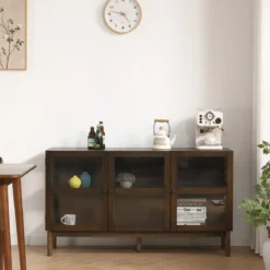 Havana egetræ glas skænk/vitrineskab i røget eg med 3 låger - 80x40x140 cm