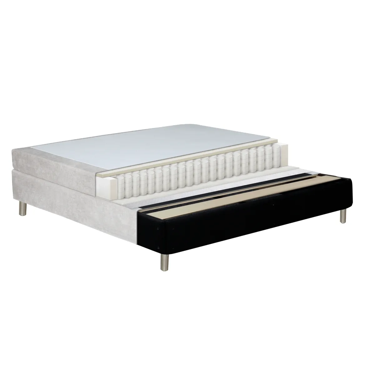 Kontinentalseng i beige 180x200 cm med 4 cm topmadras i PU-skum inkl. chrome ben