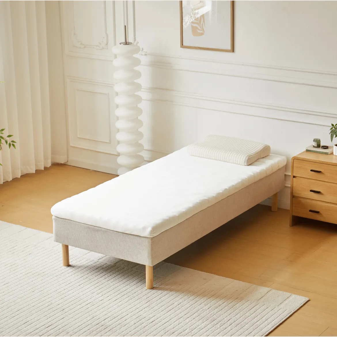Premium boxmadras seng i beige med 90x200 cm med 7 cm topmadras i memoryskum ekskl. ben