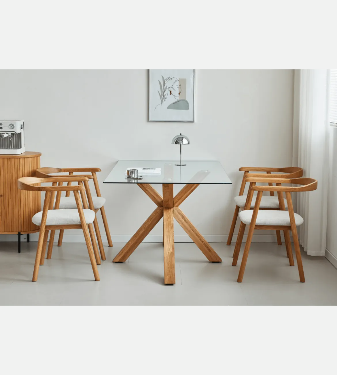 Sidney - Glas spisebord med ben i massiv egetræ 150x90 cm