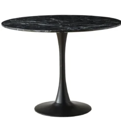 Zander - Rundt sort marmor-look spisebord med trompetfod - Ø100 cm